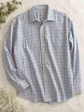 Peter Millar Nanoluxe Easy Care Plaid Button Down Shirt Mens Large Blue Tan